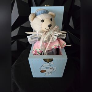 RARE Vintage Pull Toy White Bear Music Box works wooden Blue Made In Taiwan